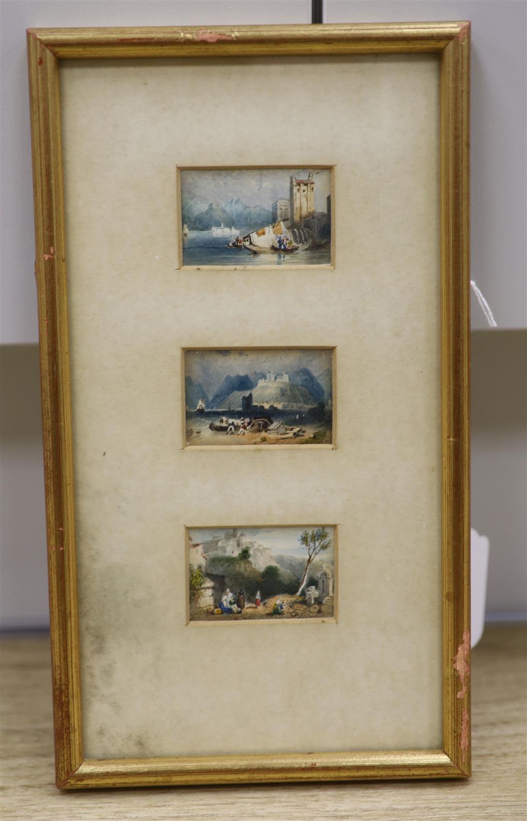 Frederick Mercer (1850-1939), Isola Bella, Angera and Pensarino, watercolour, 3.5 x 5cm, framed as one